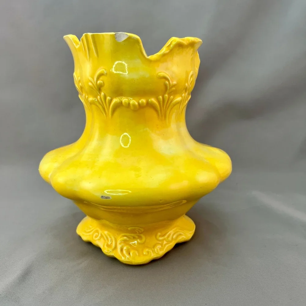 Ceramic Vase Yellow Fair Embossed Scalloped No. 62 Vintage See pics for flaws